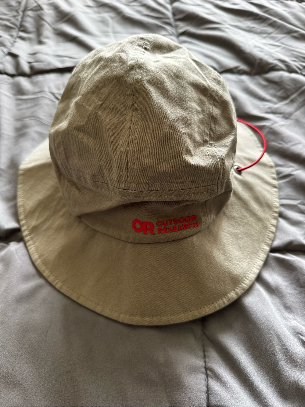 Outdoor Research Tan Bucket Hat with Red Logo